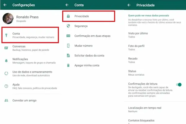 Privacidade no WhatsApp configurações