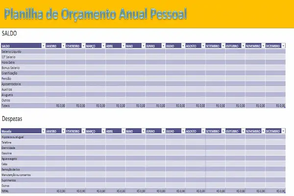 planilha de orçamento mensal simples